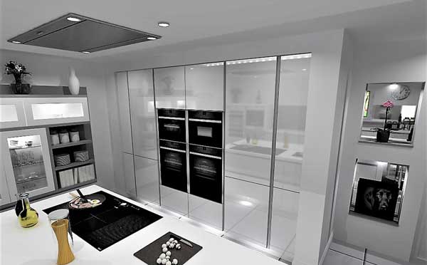 Computer render of White Schüller Kitchen with Corian Worktops